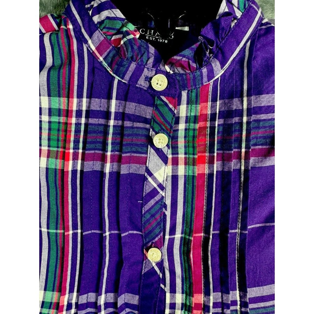 Chaps Little Girl’s Sz 5 Top Short Sleeve Pur/Strip Plaid Ruffled Collar Pleated - Picture 5 of 12